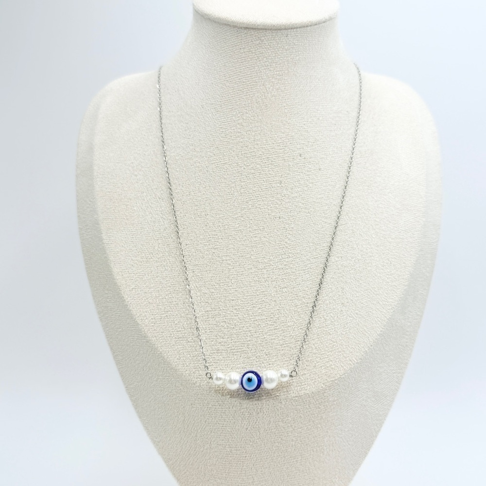 Silver Tone Chain Necklace with Evil Eye and Faux Pearl Beads